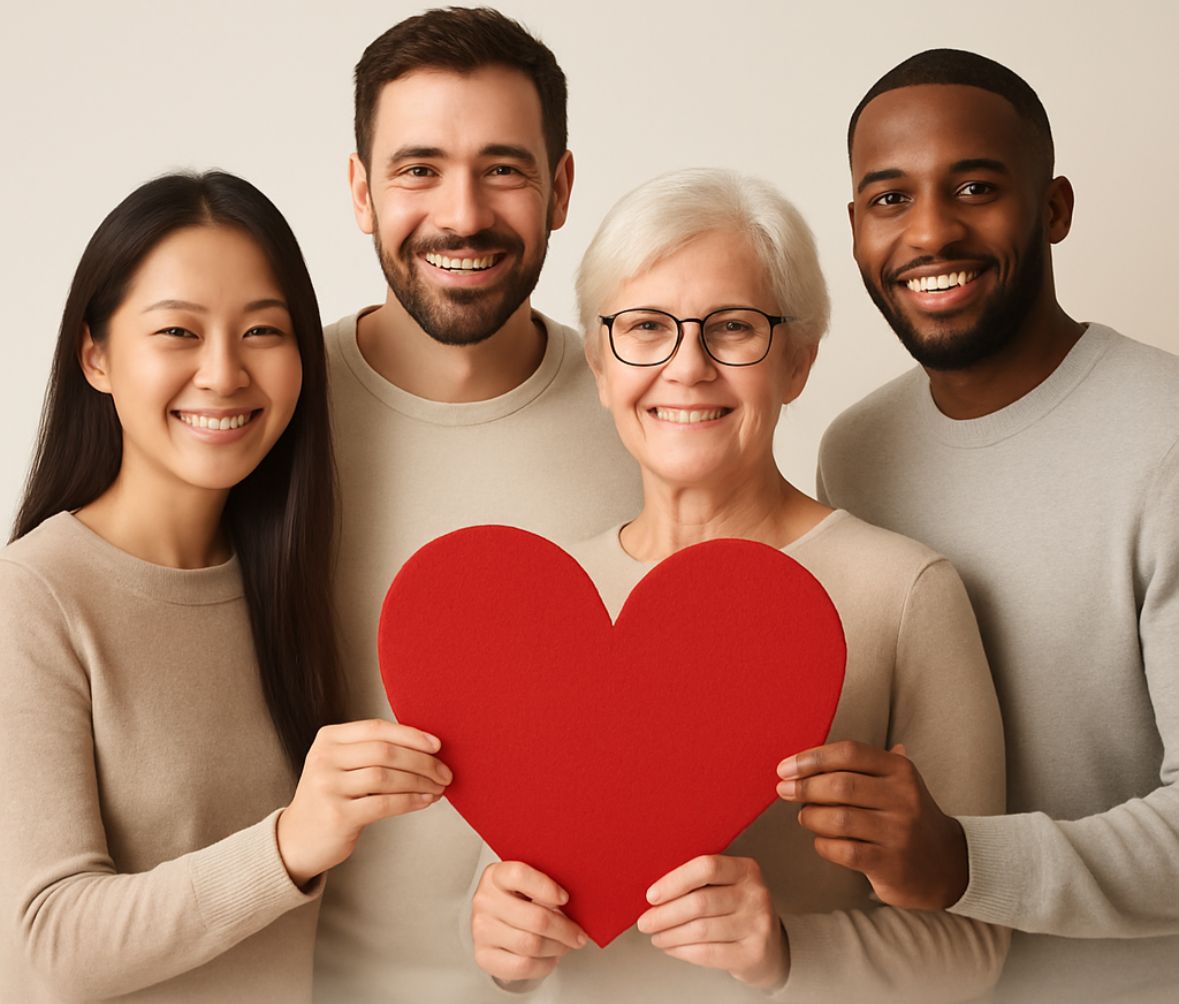 Programa QuererSE - Grupo diverso con corazón rojo, representando amor y apoyo